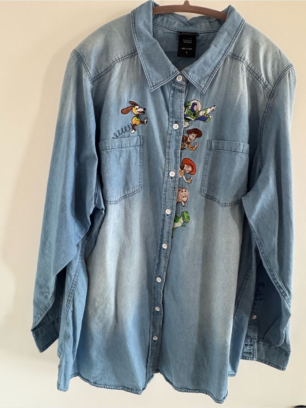 Denim Button-Down Shirt with Toy Story Embroidery - Light Blue